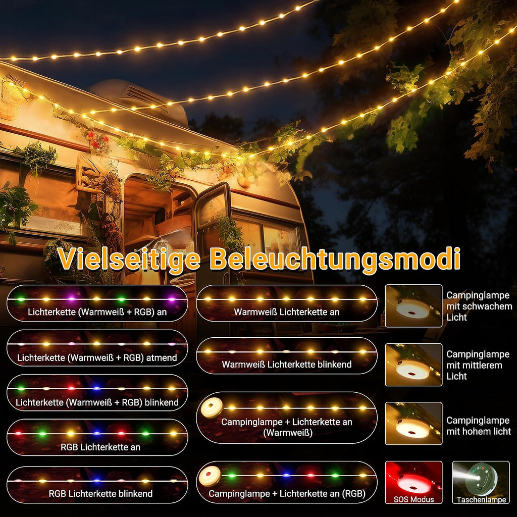 Ollny Camping Lichterkette 10m Aufrollbar Wiederaufladbar 8 Modi Dimmbar