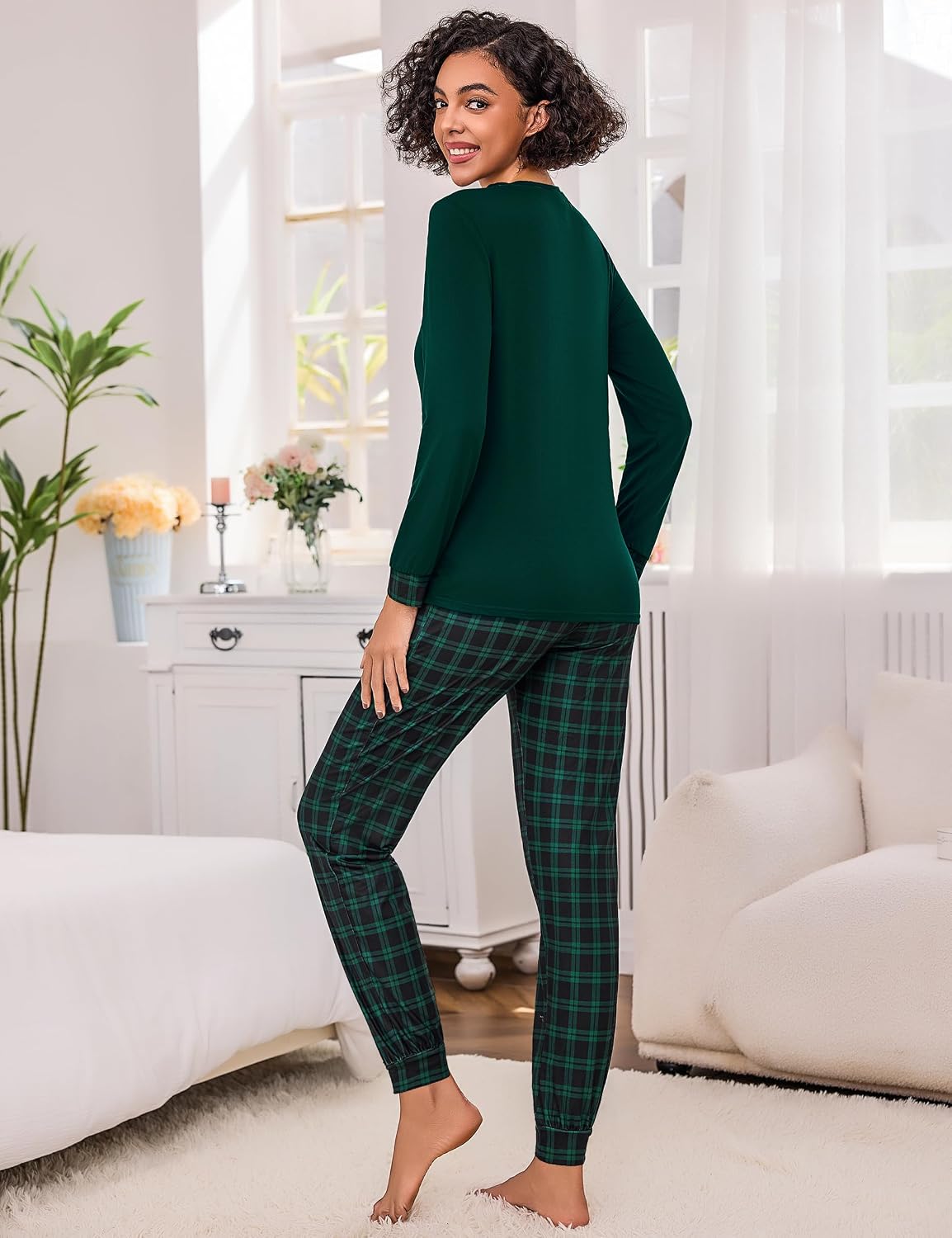 Litherday Damen Schlafanzug lang Baumwolle kariert mit Tasche S-XXL