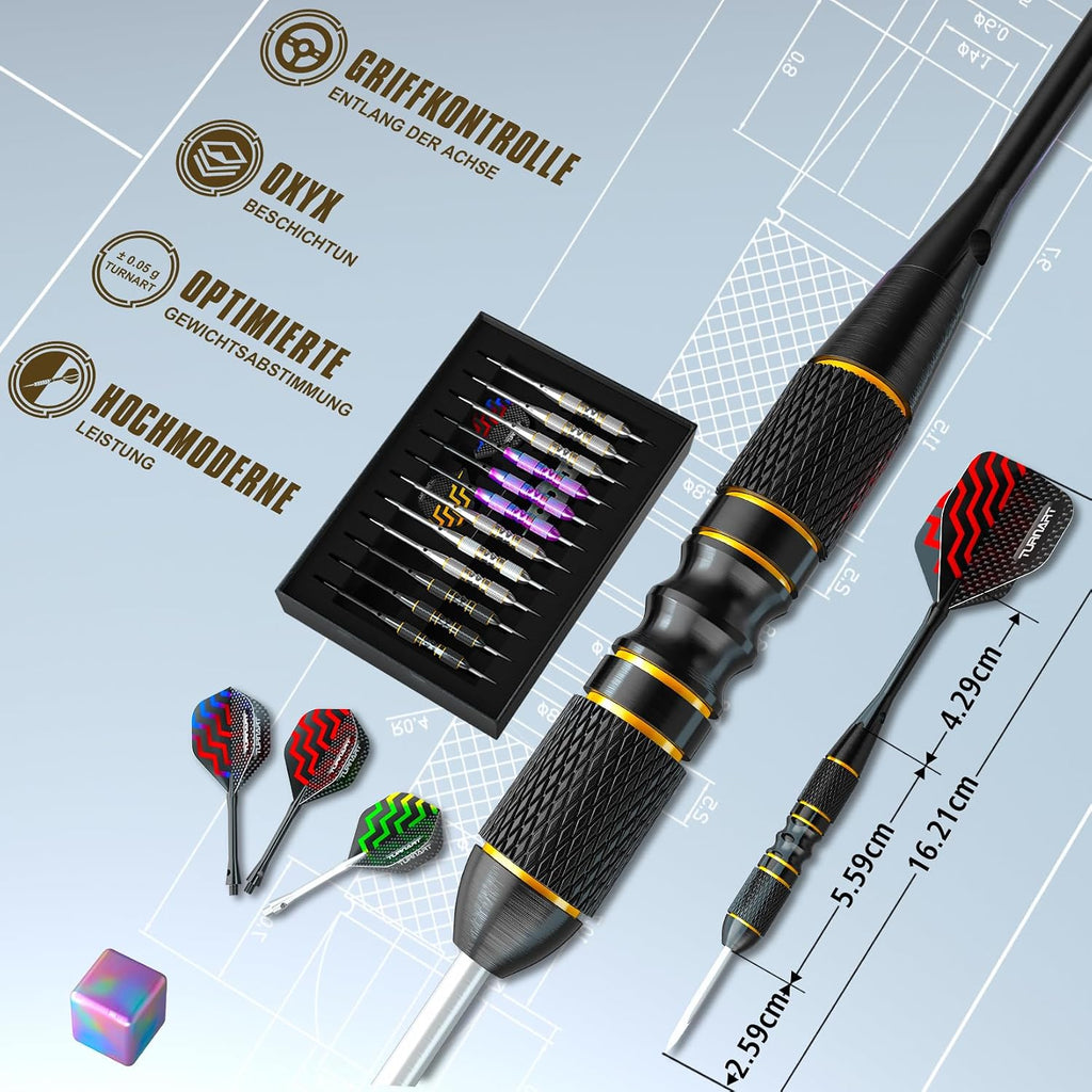 Turnart Steeldarts 12 Stueck mit Metallspitze und Dartcase Profi-Set