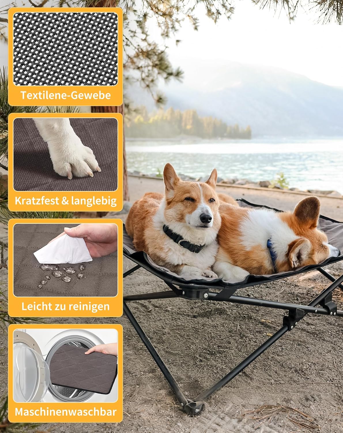 KingCamp erhoehtes Hundebett 77x77x30 cm mit Mesh Wildledermatte rutschfest 23cm