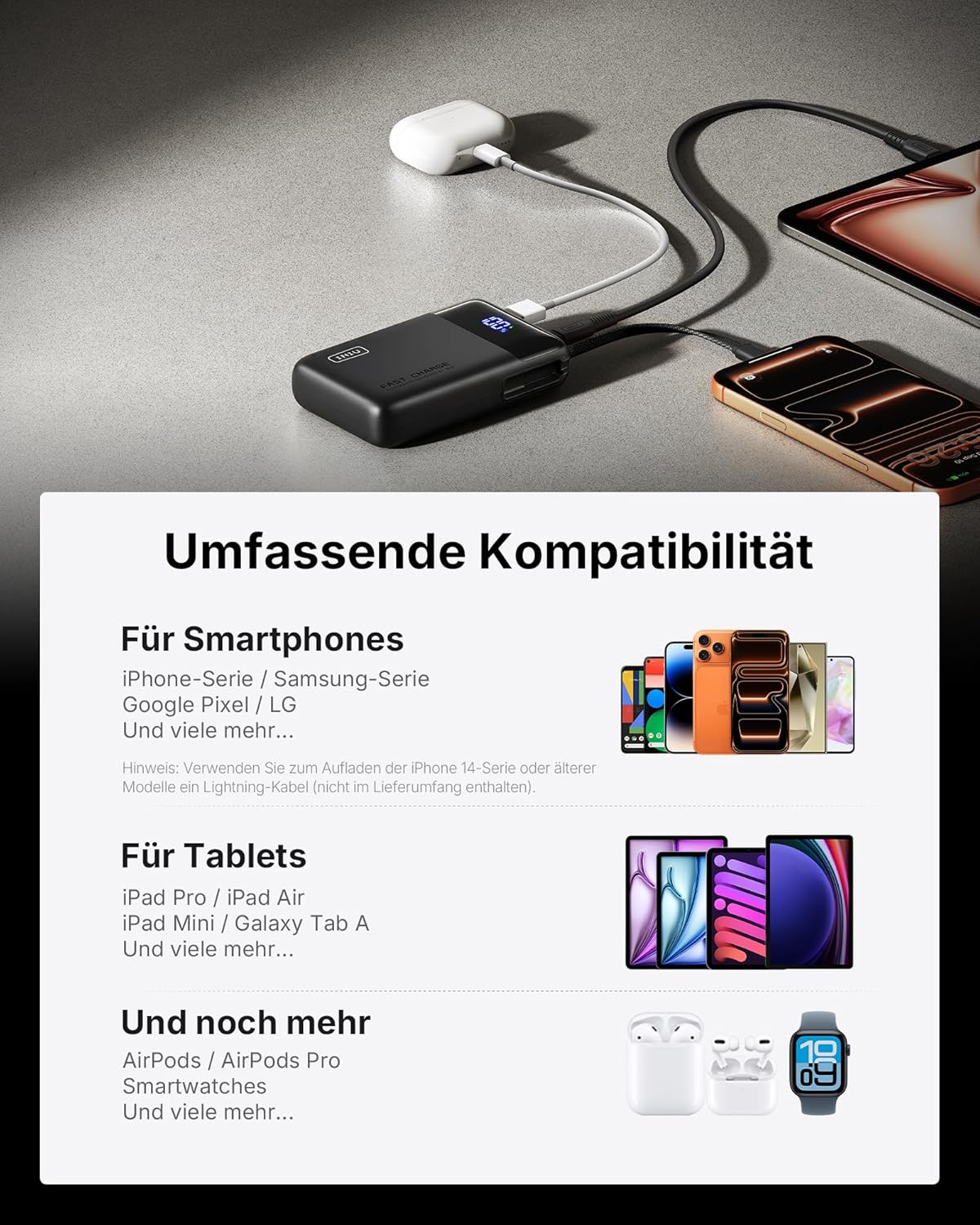 INIU 45W Power Bank 20000 mAh mit integriertem USB‑C Kabel Schnellladen