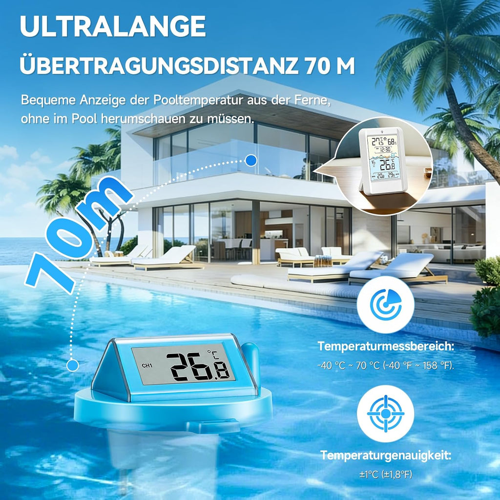Warmfay Funk Poolthermometer schwimmend, solar/akku, wasserdicht IP68, Empfaenger