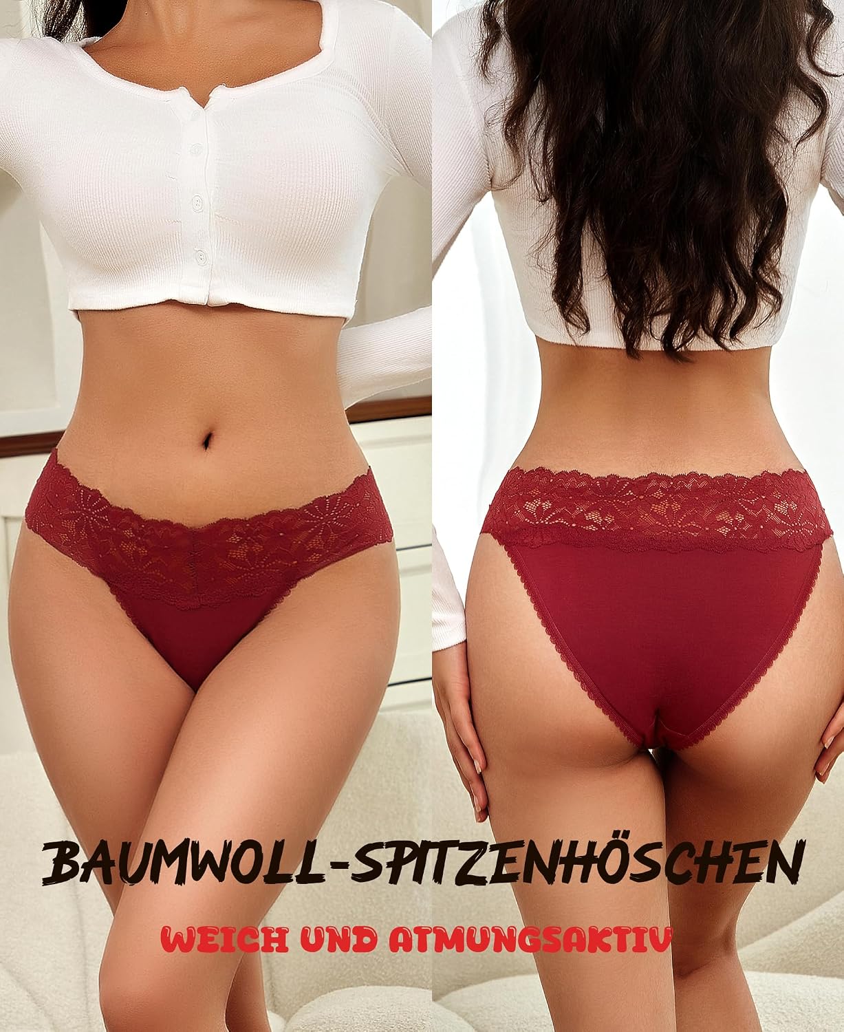 6er Pack Damen Hipster Slips Baumwolle mit Spitze atmungsaktiv S-XL