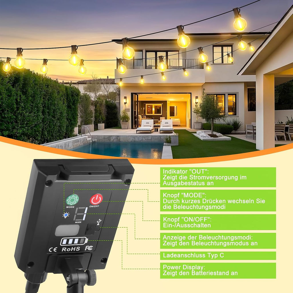 Solar Lichterkette aussen 15m G40 LED 21 Birnen dimmbar 8 Modi mit Fernbedienung