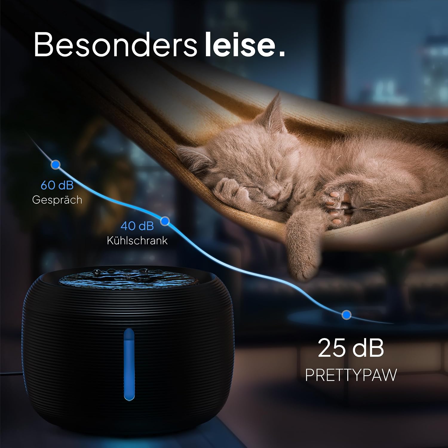 Pretty Paw Katzen Trinkbrunnen 2,5L leise mit LED und Aktivkohlefilter