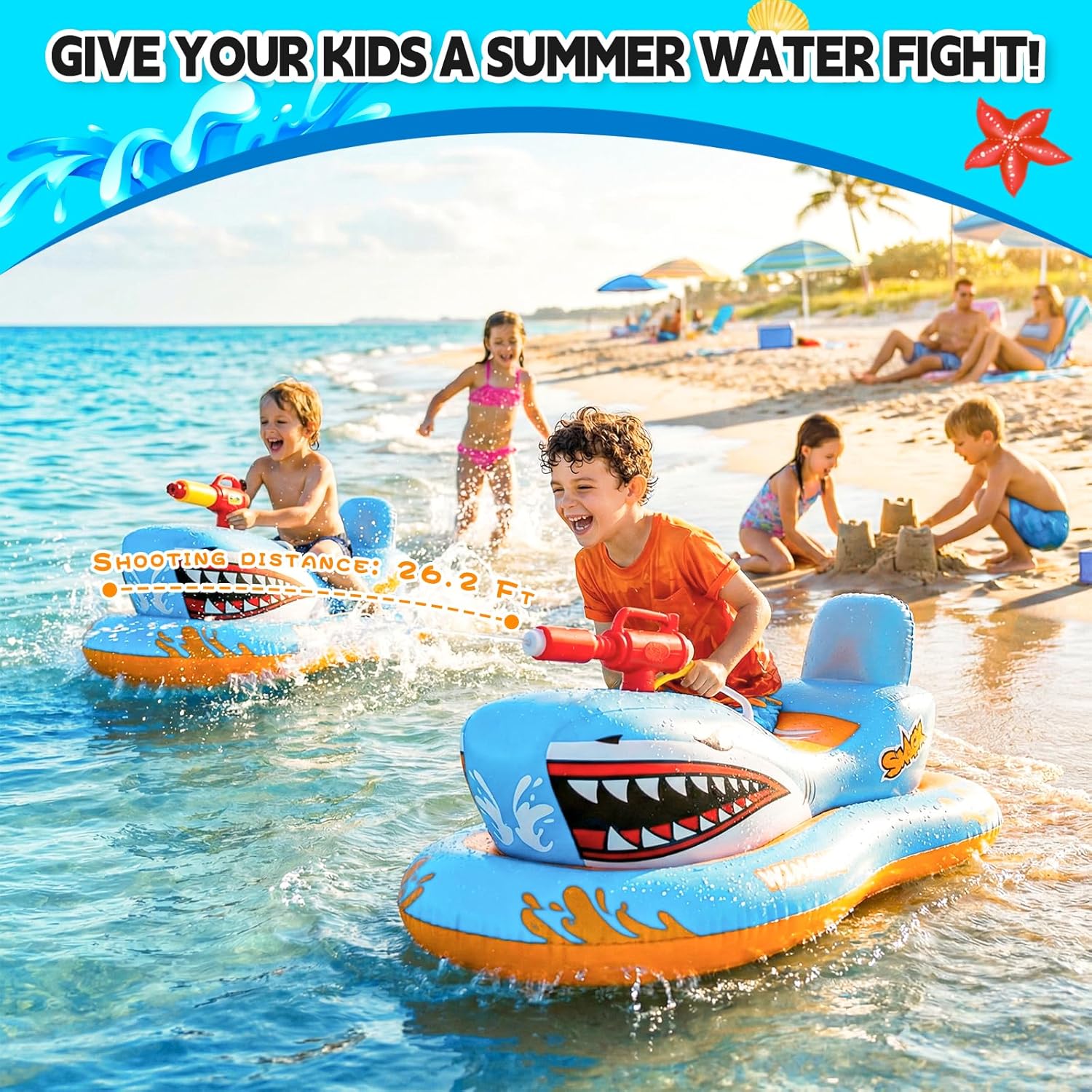 Wingyz Haifisch Luftmatratze Kinder mit Wasserpistole Schwimmtier Pool Boot Gart