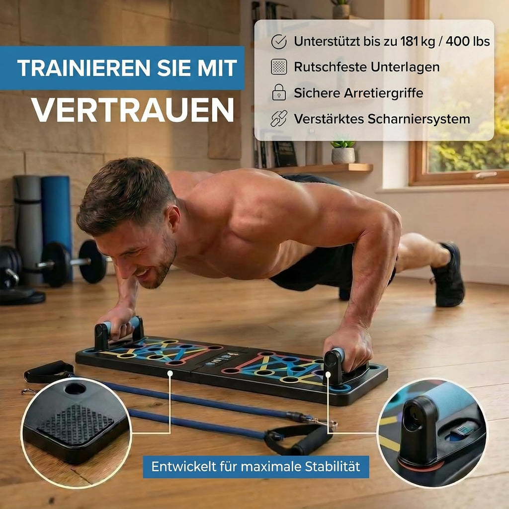 Body & Mind Push-Up Liegestuetz-Brett faltbar mit Griffen, Trainingsbaendern, E-Bo