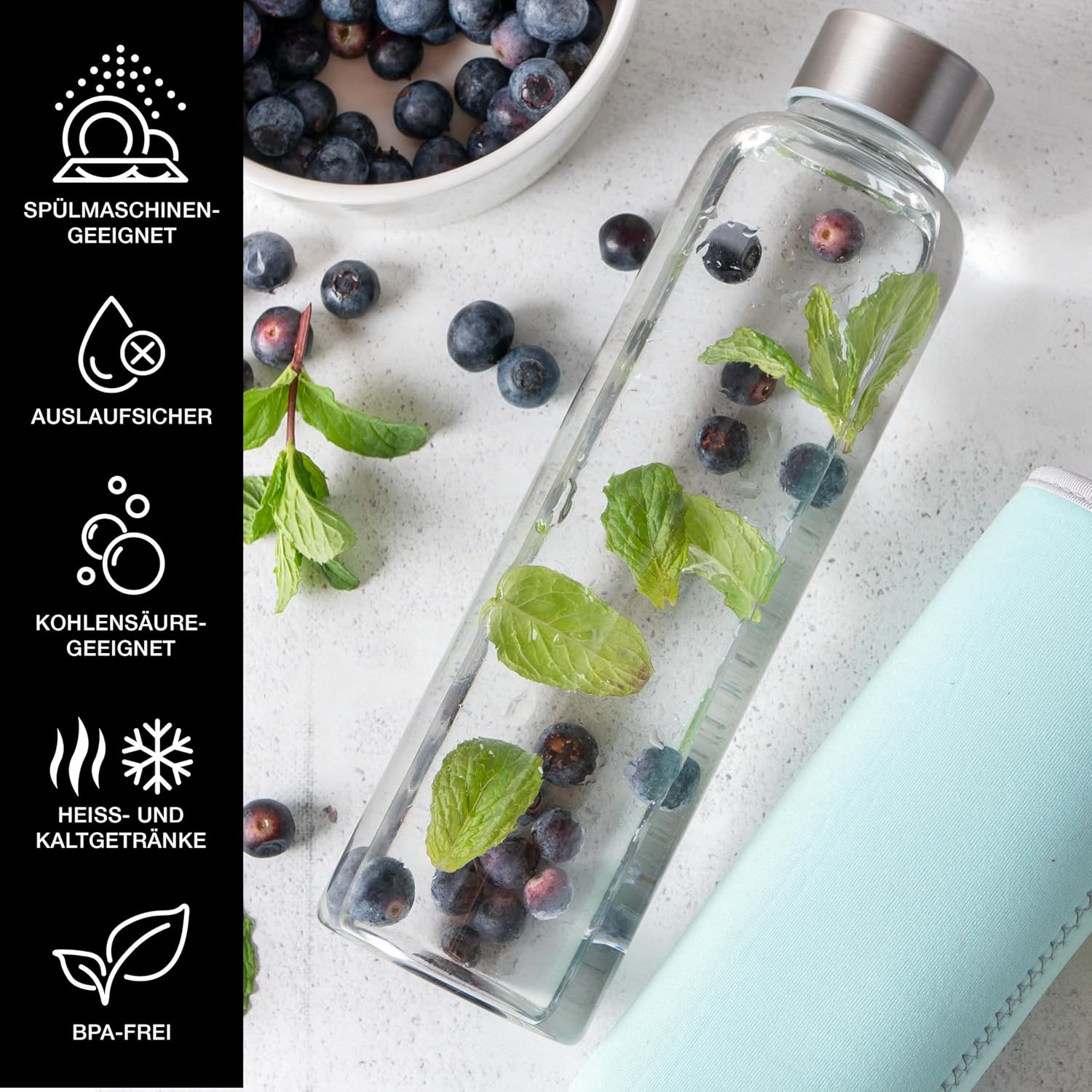 Moritz & Moritz Glas-Trinkflasche auslaufsicher mit Neoprenhuelle
