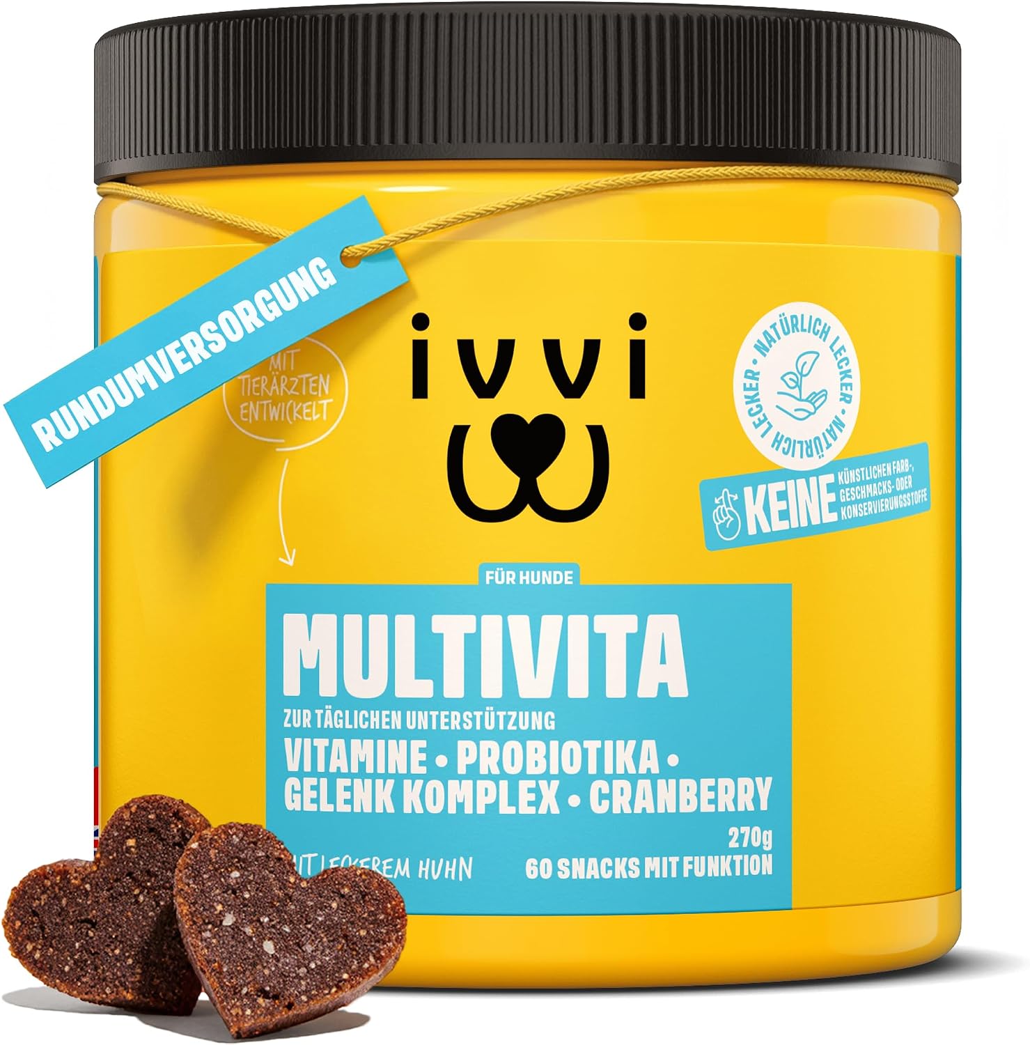 ivvi Multivitamin Hundeleckerli 270 g (60 Stück) mit Huhn, Probiotika, Omega‑3