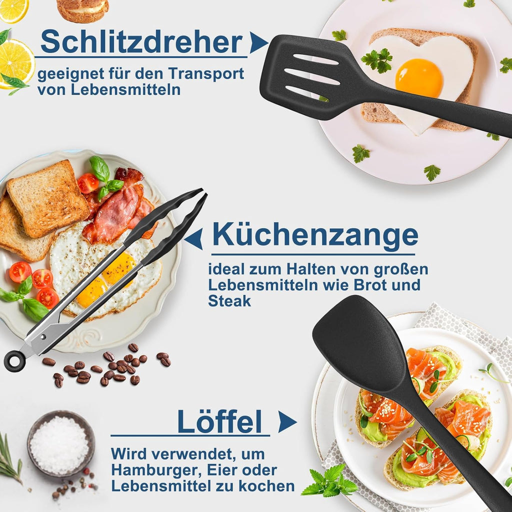 25-teiliges Silikon Kuechenhelfer Set schwarz hitzebestaendig mit Halter