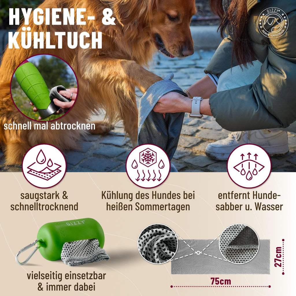 GIZZY Trinkflasche fuer Hunde Edelstahl auslaufsicher mit Handtuch