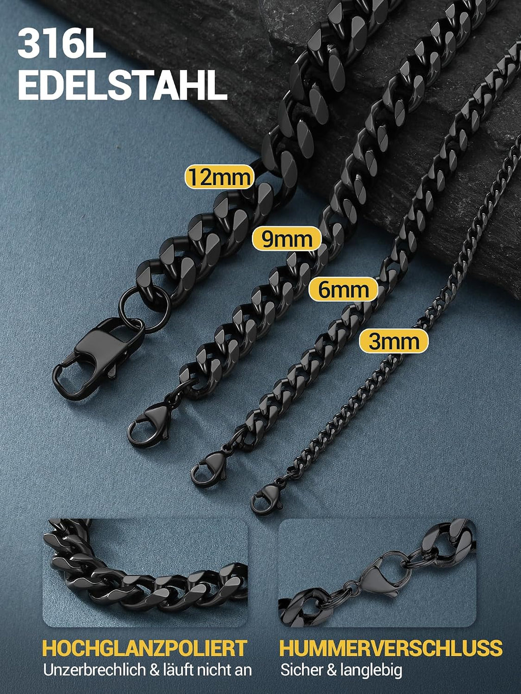 PROSTEEL Panzerkette Herren Edelstahl vergoldet 3/6/9/12 mm 36-76 cmm