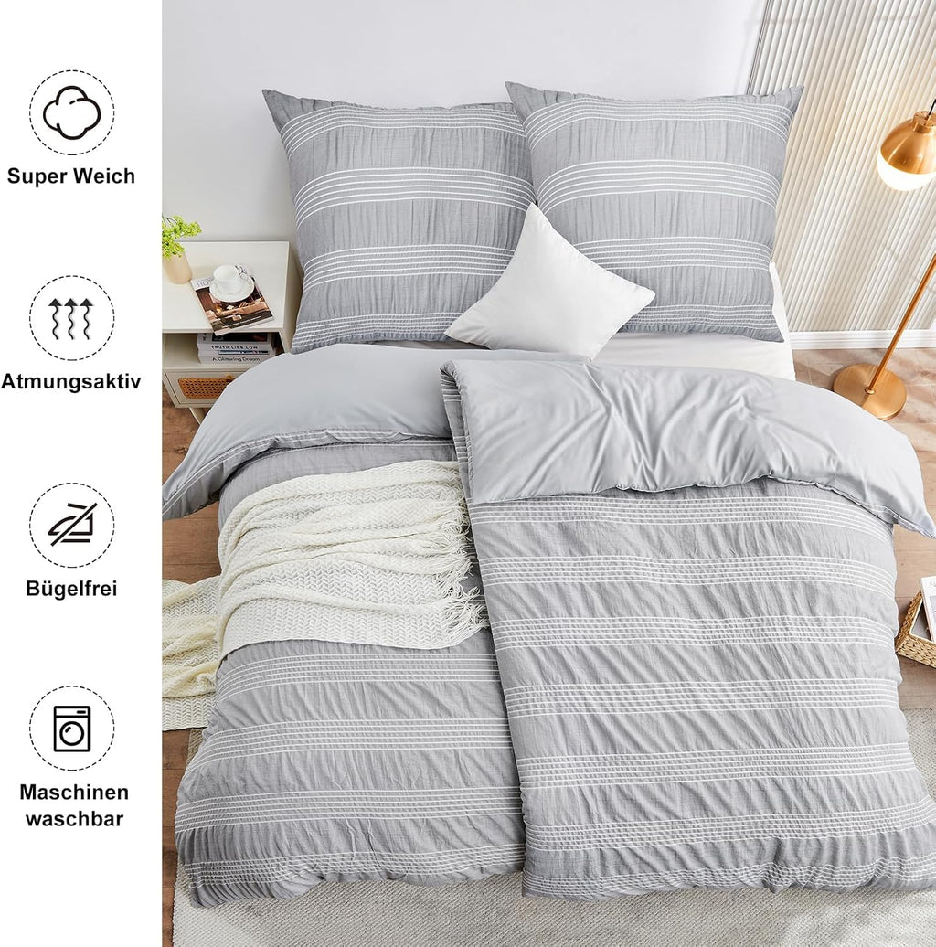 Qucover Bettwaesche 135x200 Seersucker grau weiss gestreift Mikrofaser 200cm-220cm