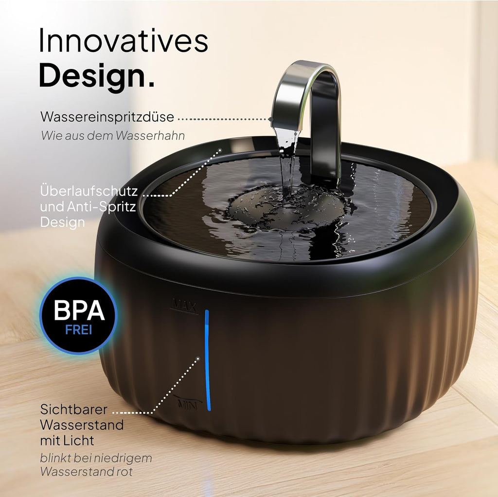 PrettyPaw Katzenbrunnen 3L leise BPA-frei mit LED und Aktivkohlefilter Schwarz