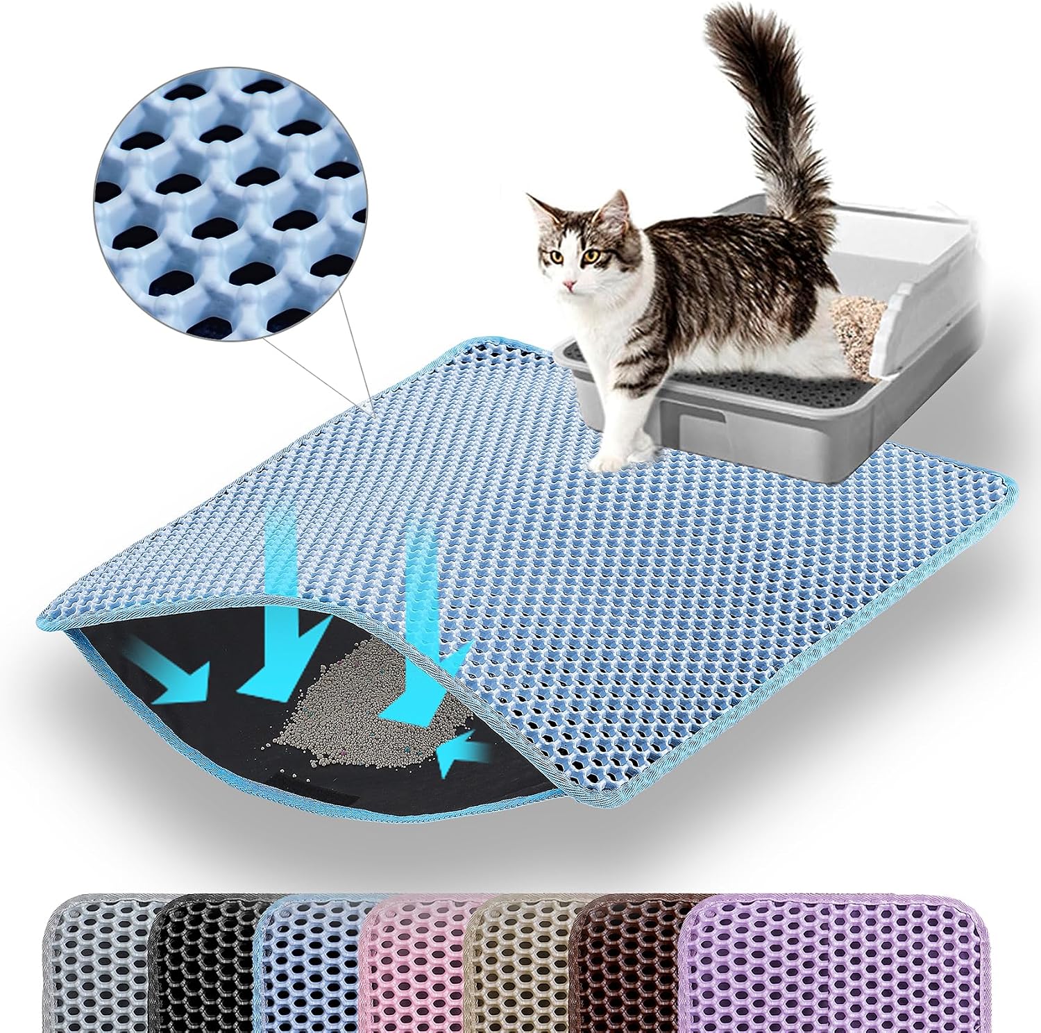 Katzenklo Matte 60×45 cm doppelschichtig wasserdicht Bienenwaben Blau