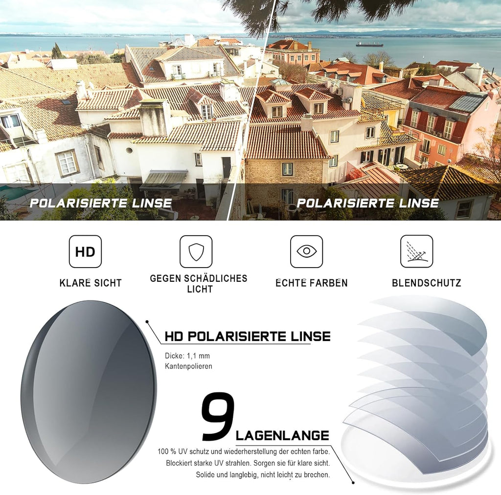 Polarisierte Sport-Sonnenbrille UV400 Herren Damen rechteckig Schwarz