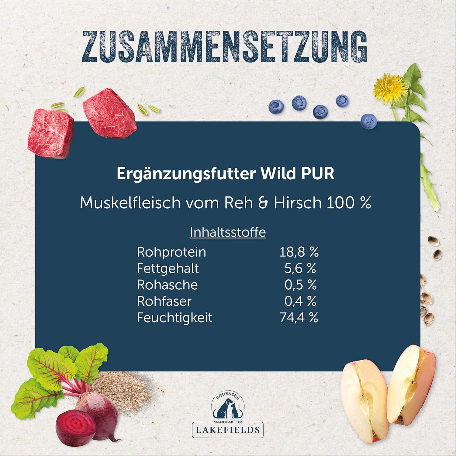 Lakefields Hundefutter Nass Wild 6 x 400g 100% Muskelfleisch getreidefrei