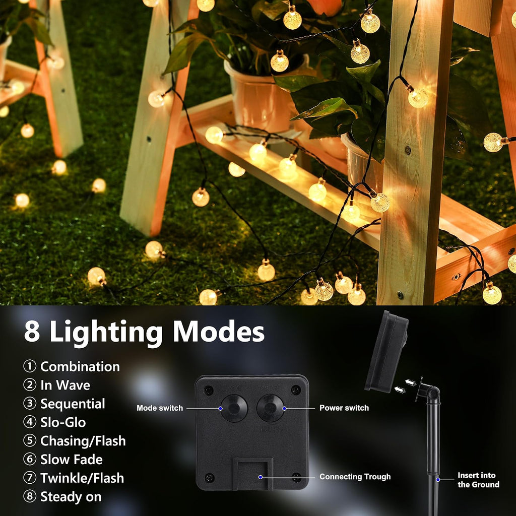 Flacchi Solar Lichterkette 30 LED Warmweiss IP65 8 Modi fuer Aussen, Wetterfest