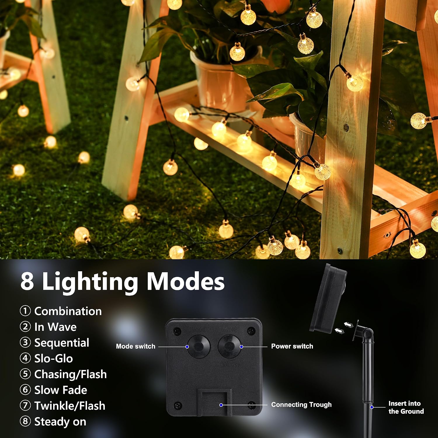 Flacchi Solar Lichterkette 30 LED Warmweiss IP65 8 Modi fuer Aussen, Wetterfest
