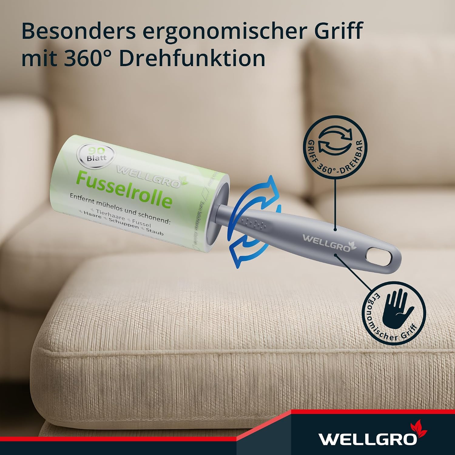 WELLGRO Fusselroller 6 Rollen 540 Blatt + 2 Abroller Kleidung Tierhaarentferner