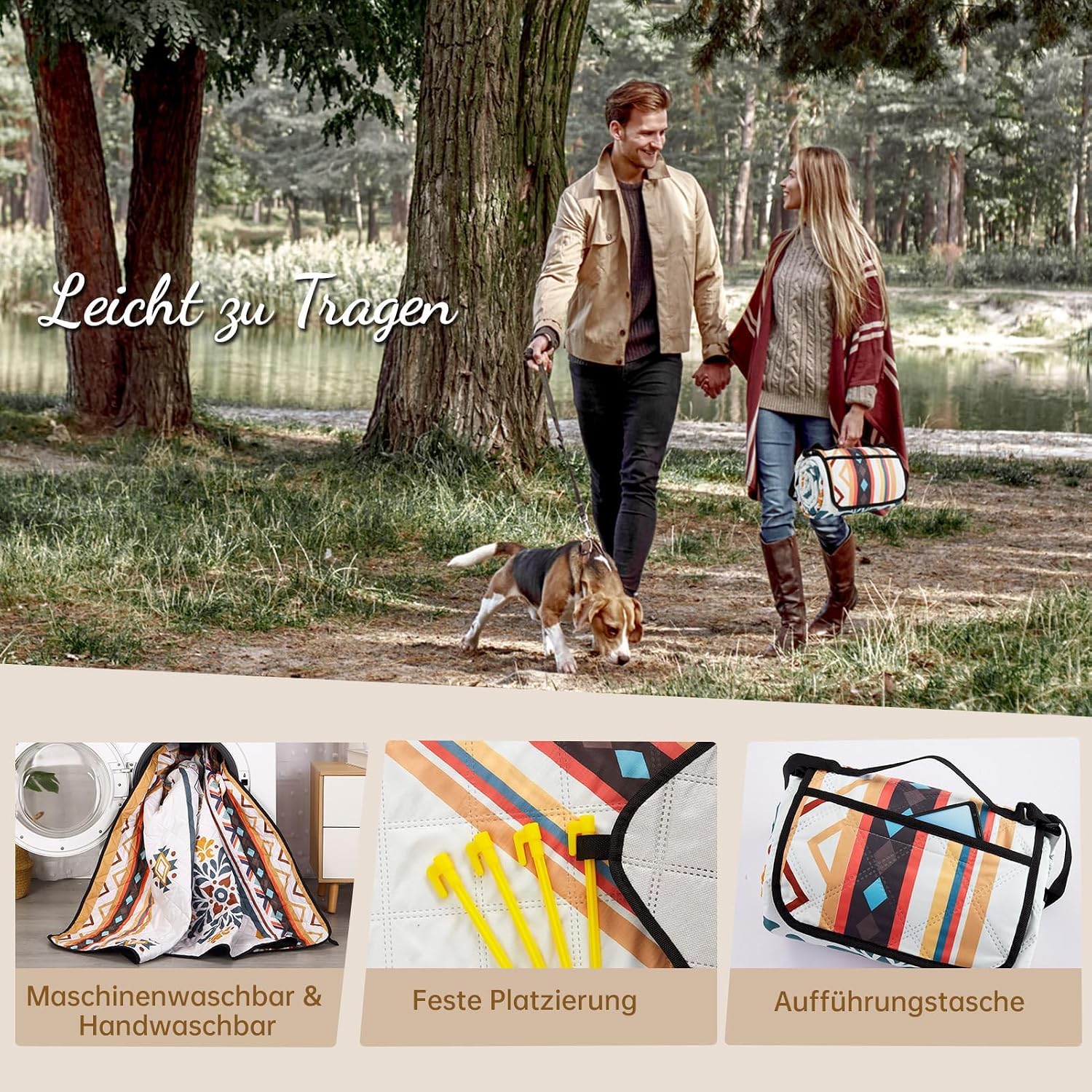 Hausprofi Picknickdecke Boho 200x200 cm wasserdicht isoliert mit Tragegriff
