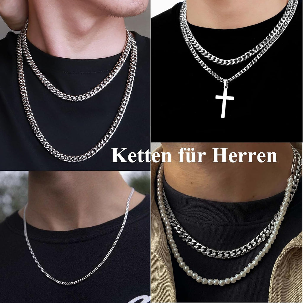 FUNEIA Herren Panzerkette Edelstahl Silber Cuban Chain 46cm-61cm