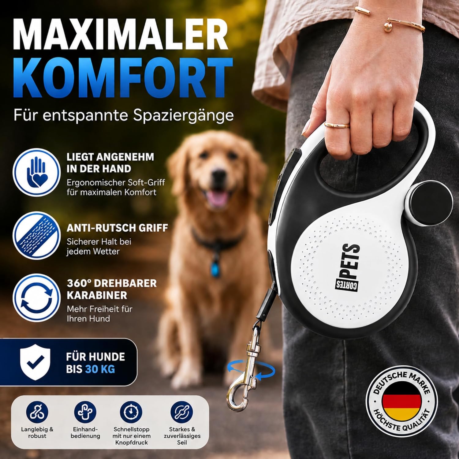 CORTESPETS Rollleine 5m fuer Hunde bis mit Kotbeutel Weiss