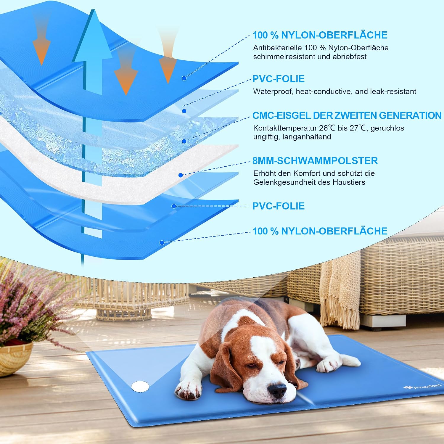 Angelpet Kuehlmatte XL 120x80 cm Grau selbstkuehlende Gelmatte fuer Hunde Katzen