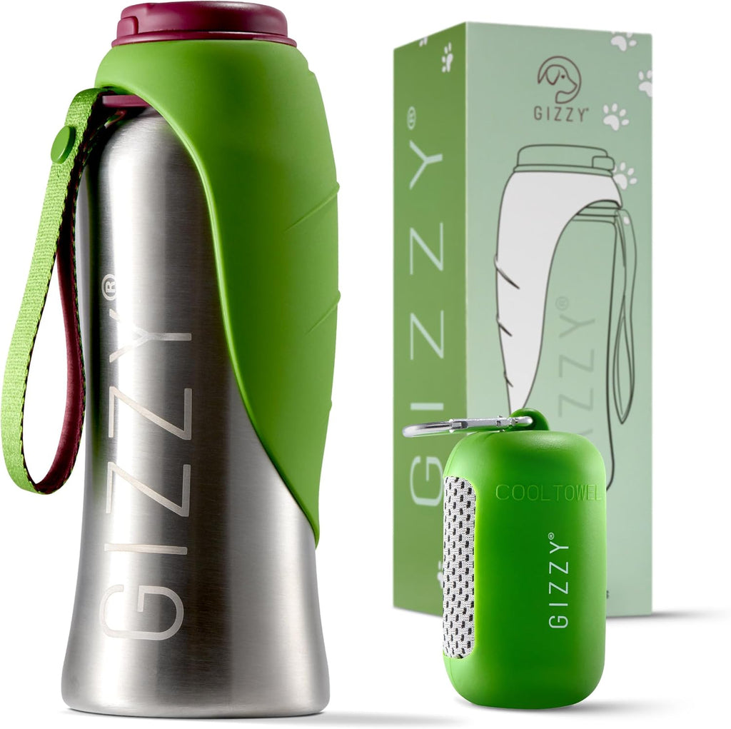 GIZZY Trinkflasche fuer Hunde Edelstahl auslaufsicher mit Handtuch
