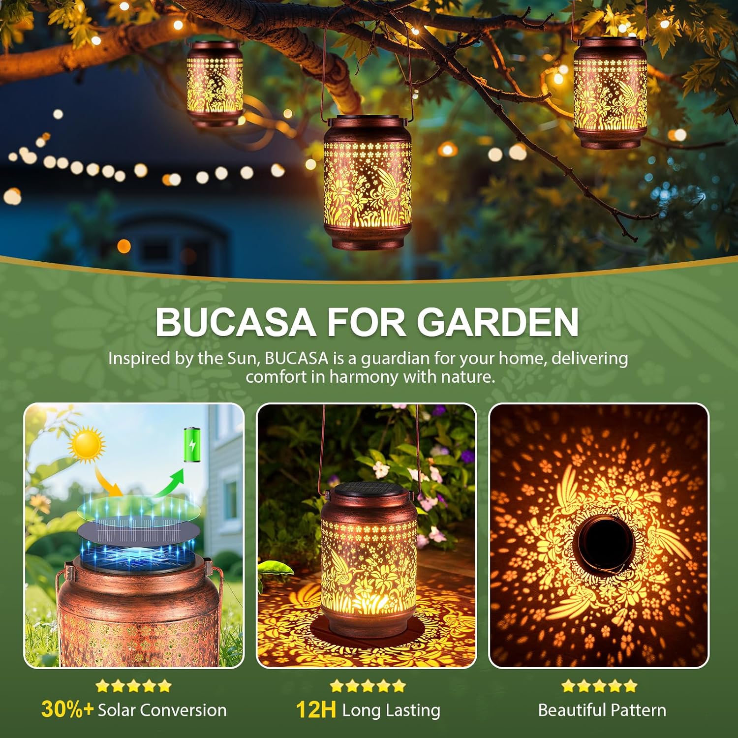 BUCASA Solarlaterne Kolibri 2er Set Haengend Metall Aussenleuchte Garten