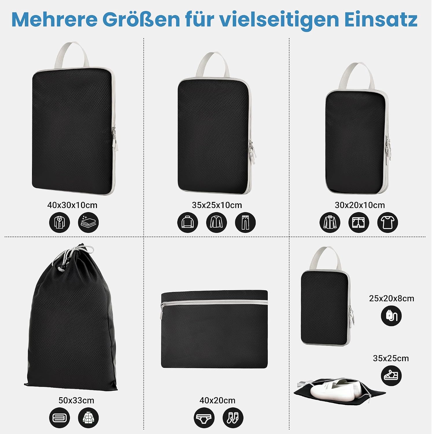 7er Kompressions Packing Cubes Reise Koffer Organizer Set - Packwuerfel