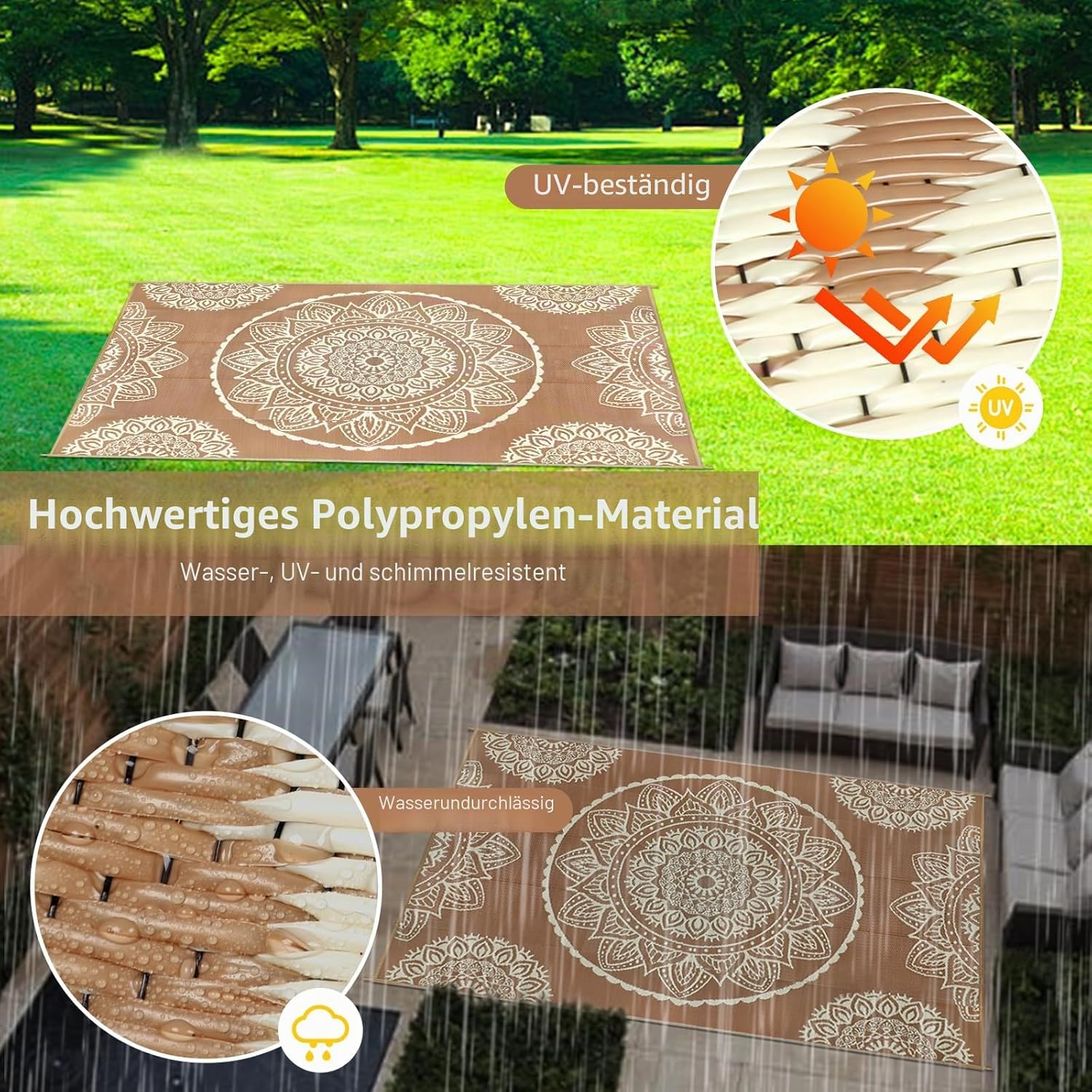 Famibay Outdoor Teppich 180x270 cm wendbar wasserfest beige braun fuer Garten