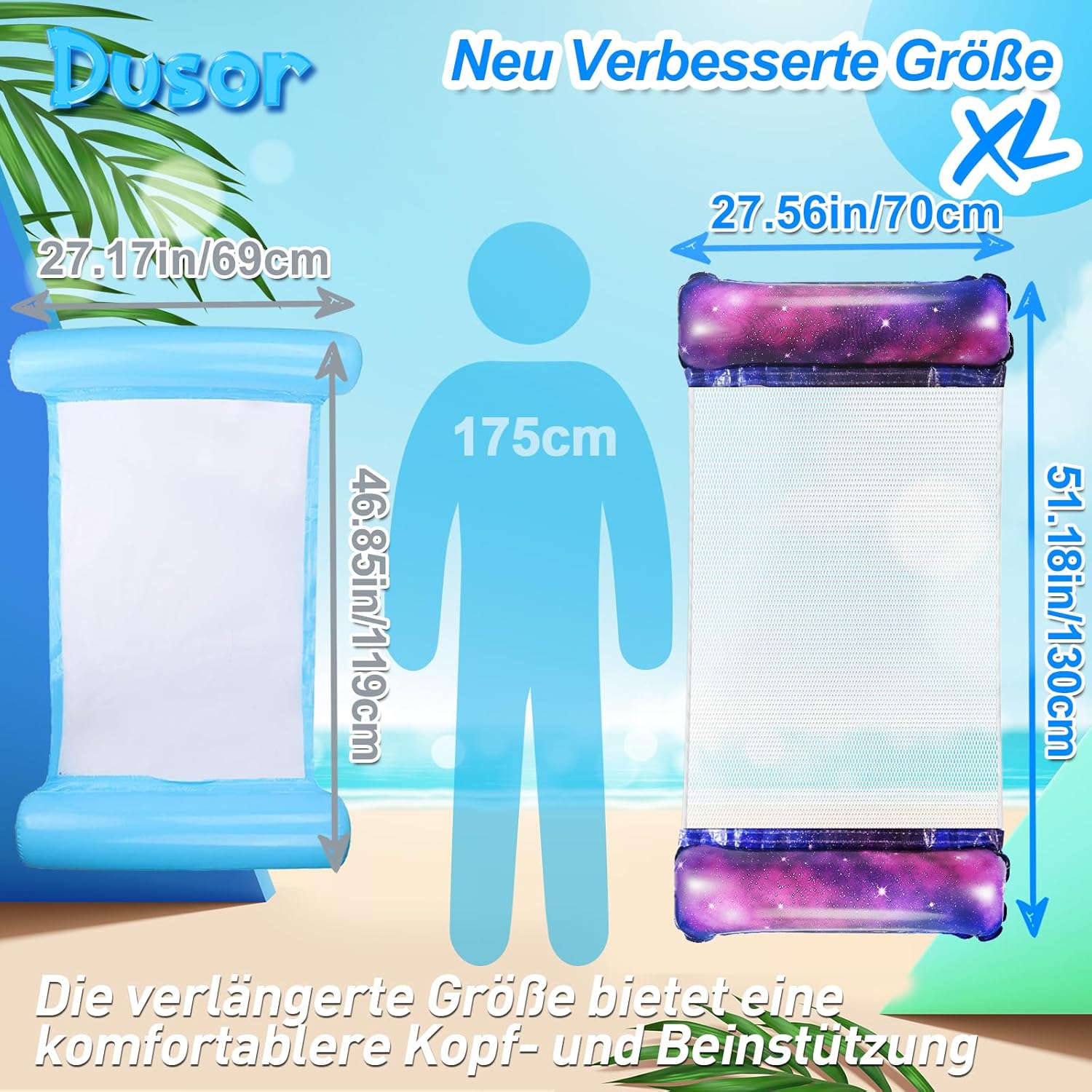 Dusor aufblasbare XL Pool-Luftmatratze Haengematte 2er Set fuer Erwachsene & Kinde