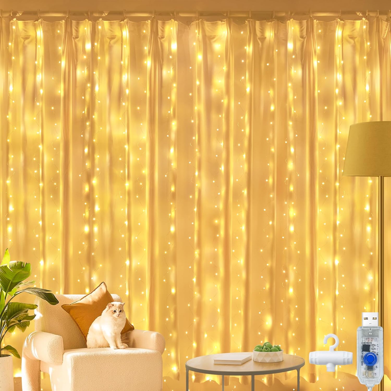 Ollny LED Lichtervorhang 2x2 m 200 LEDs warmweiss USB, Fenster Vorhang mit 10 Hak