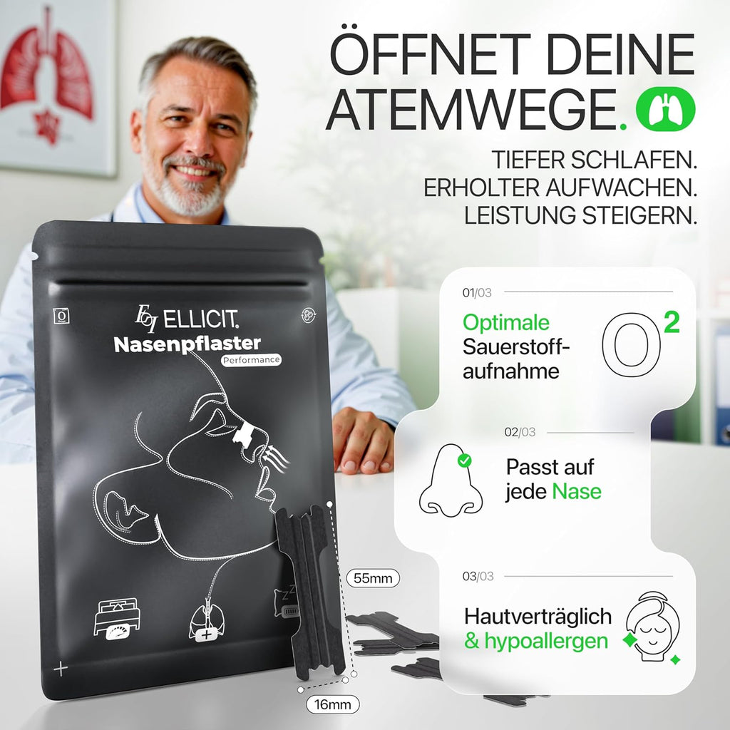 Ellicit Nasenpflaster schwarz 30 St. - Nasenstrips gegen Schnarchen Sport
