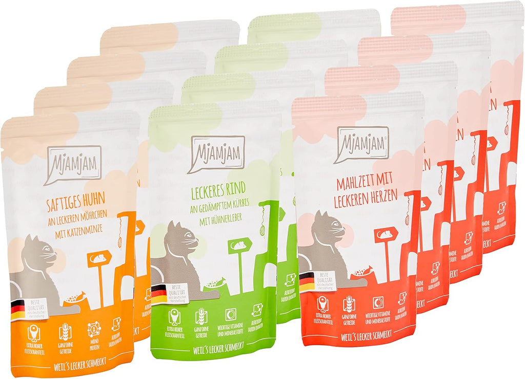 MjAMjAM Premium Katzen Nassfutter Mixpaket I 12x125g Huhn Rind Herzen getreidefr