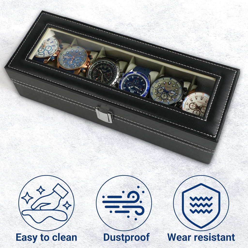 Uhrenbox 6 Faecher mit Glasdeckel und abnehmbaren Kissen Uhrenkasten