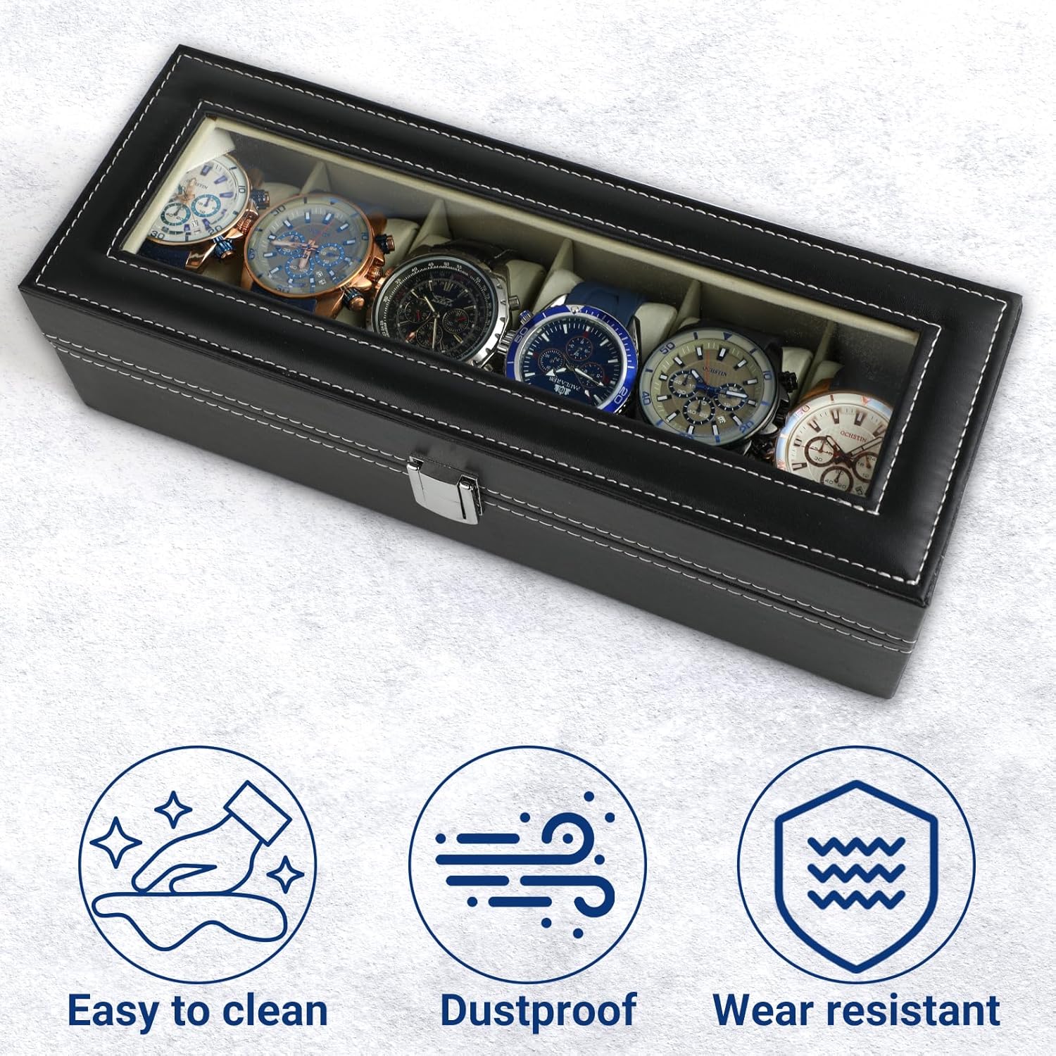 Uhrenbox 6 Faecher mit Glasdeckel und abnehmbaren Kissen Uhrenkasten