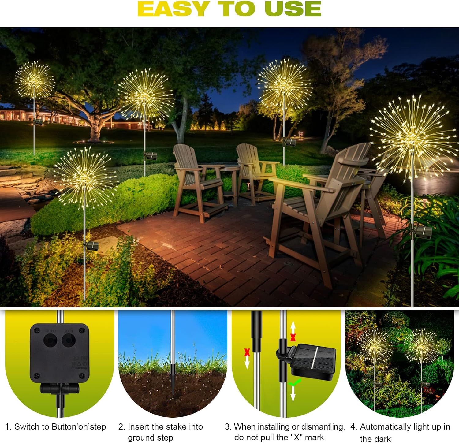 Liyade Solar Gartenleuchten 2 Stueck 120 LED Warmweiss 8 Modi Feuerwerk Pusteblume