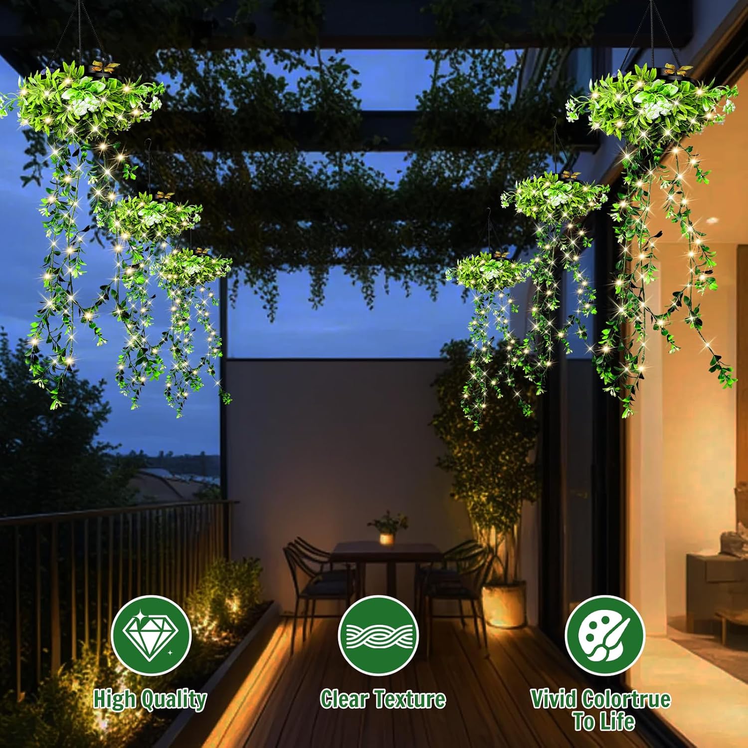 Kuenstliche Haengepflanze 2er Set mit Solar-Lichterkette IP65 wasserdicht