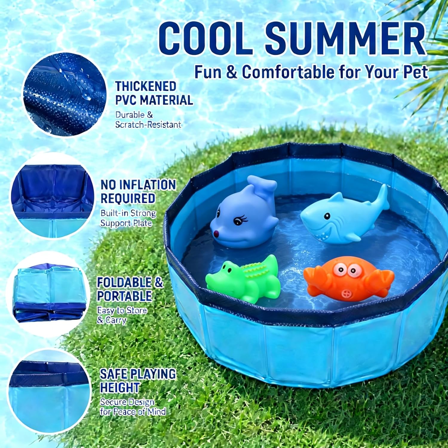 Faltbarer Katzenpool 50×10 cm mit 6 Schwimmspielzeugen, tragbar fuer Hunde