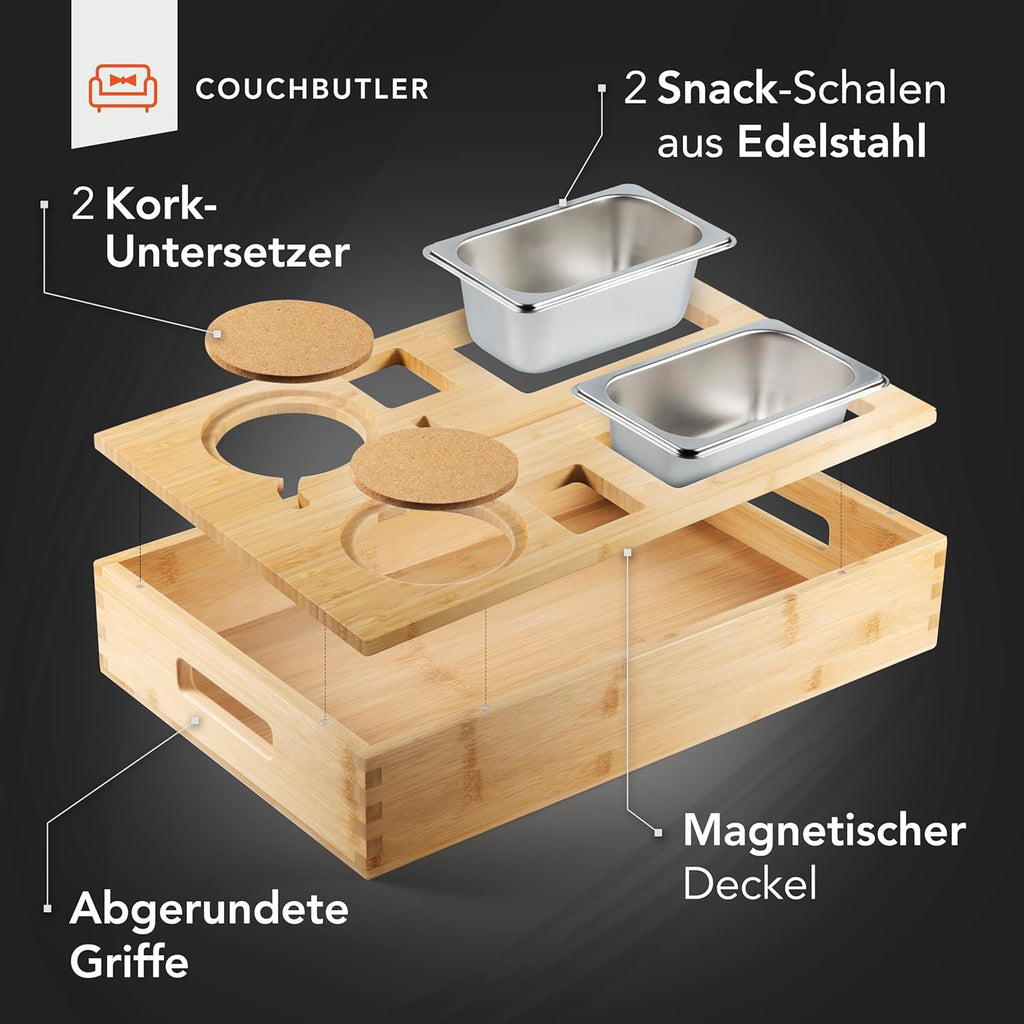 Couchbar Bambus Snackbox mit 2 Schalen, 2 Getraenkehaltern, Handyhalter Schwarz