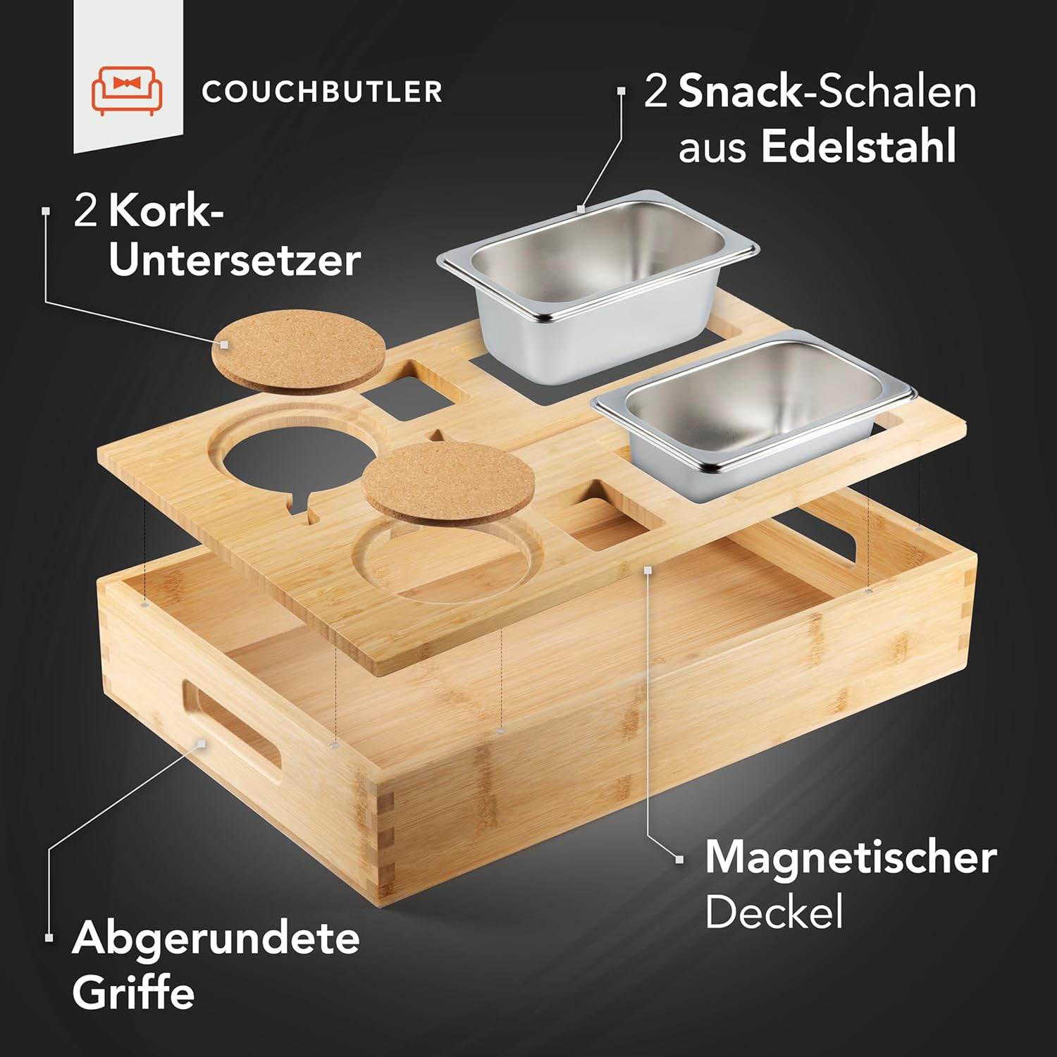Couchbar Bambus Snackbox mit 2 Schalen, 2 Getraenkehaltern, Handyhalter Schwarz