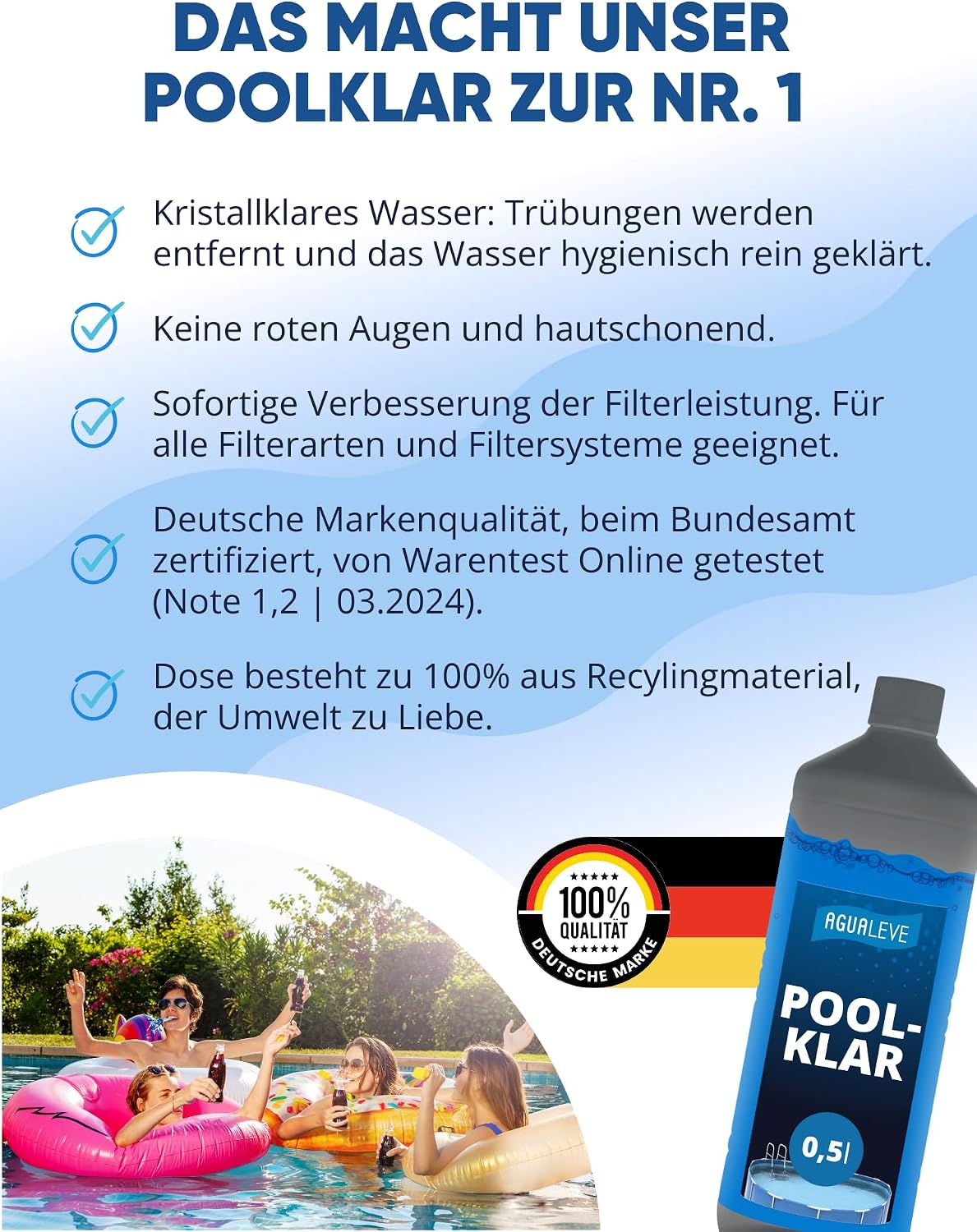 AGUALEVE Poolklar Kristallklar Formel fuer klares Poolwasser Made in Germany