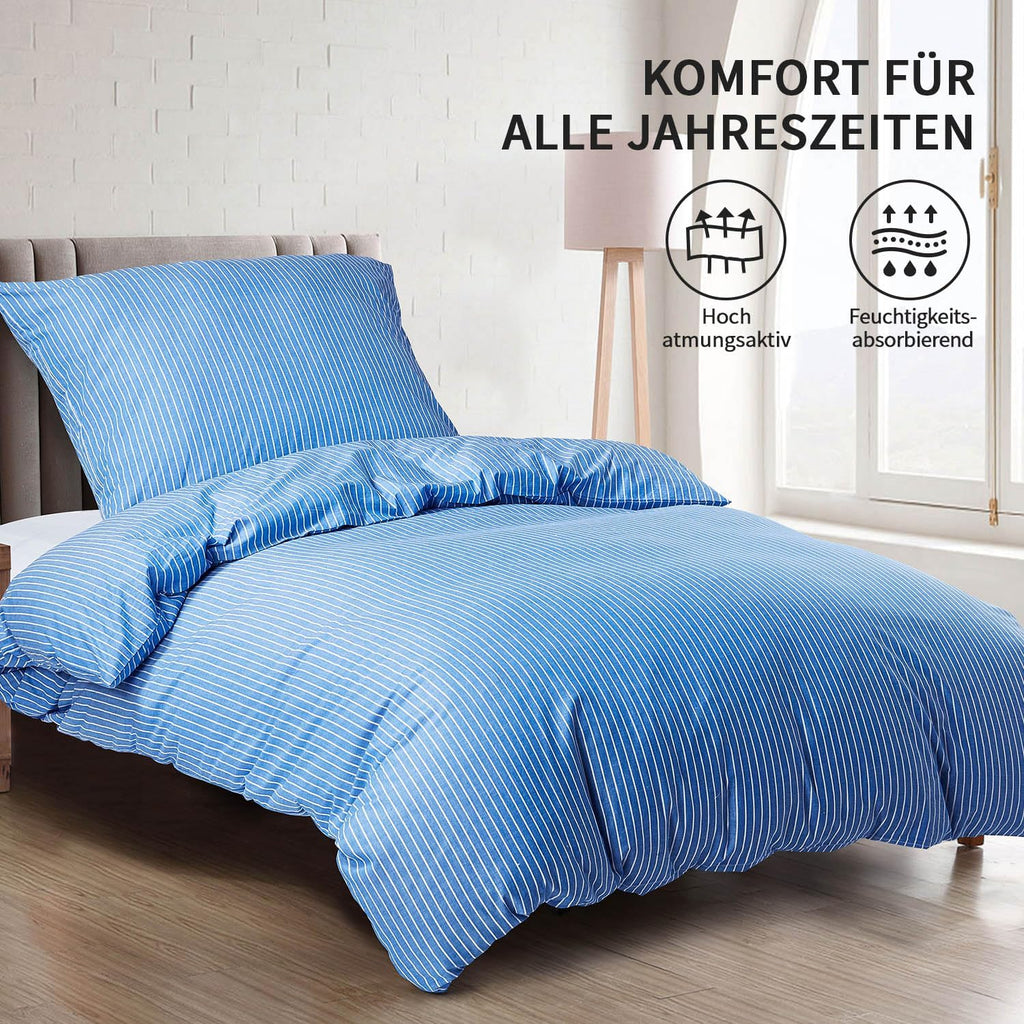 Bettwaesche 135x200 2-teilig Baumwolle Streifen Blau Oeko‑Tex Reissverschluss