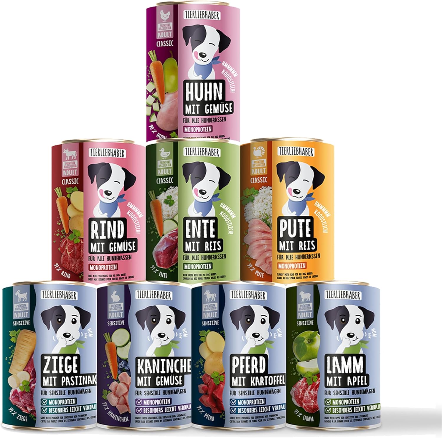 TIERLIEBHABER Hundenassfutter Dose 91% Fleischanteil 8 Sorten Packung