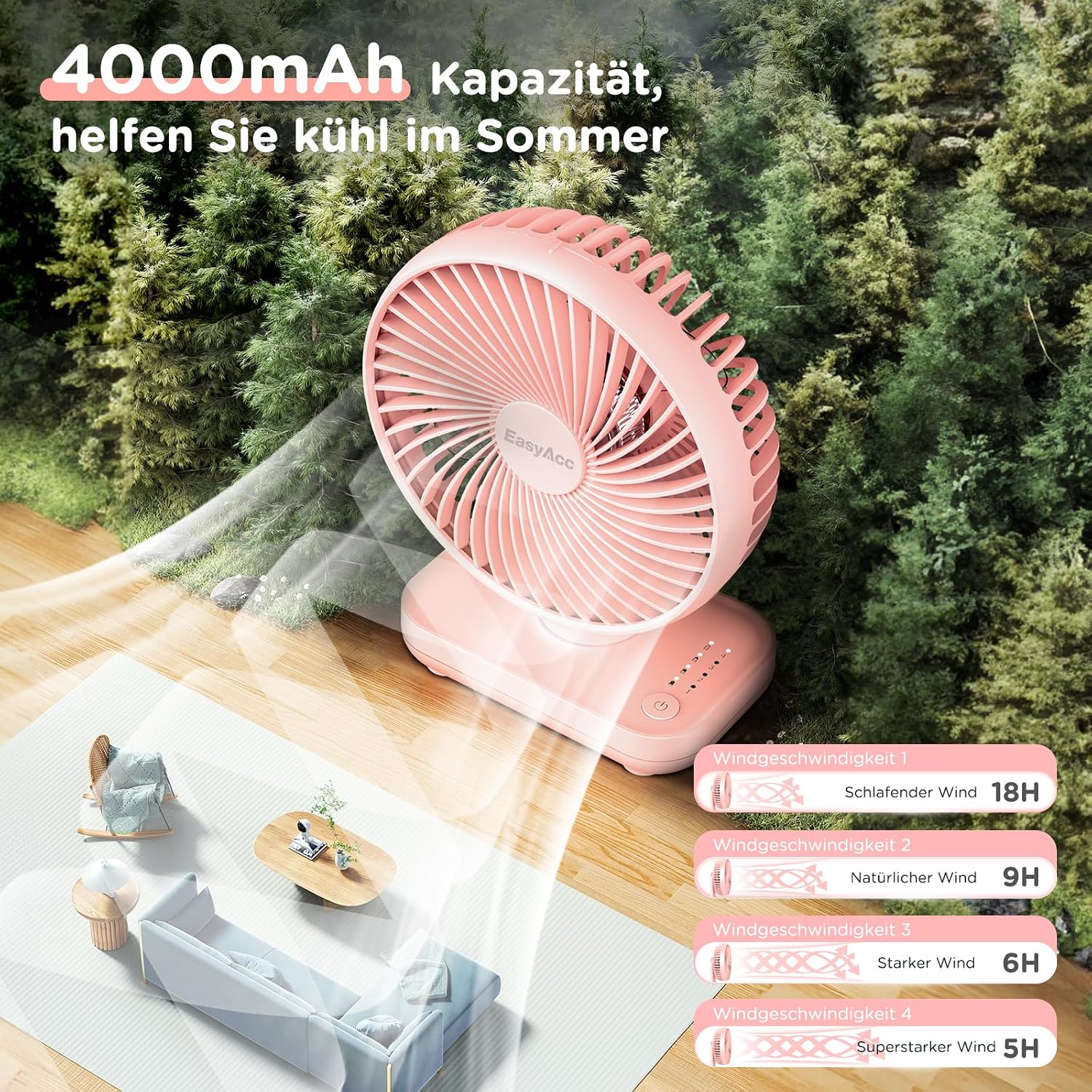 EasyAcc Tischventilator USB Akku 4000 mAh, tragbar, 4 Stufen, schwarz