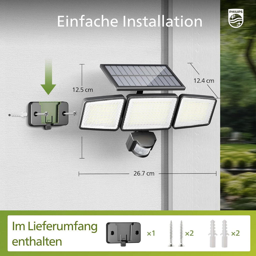 Philips Solar Aussenwandfluter 3 Koepfe 302 LED 1200 lm Bewegungsmelder IP65 (2 St
