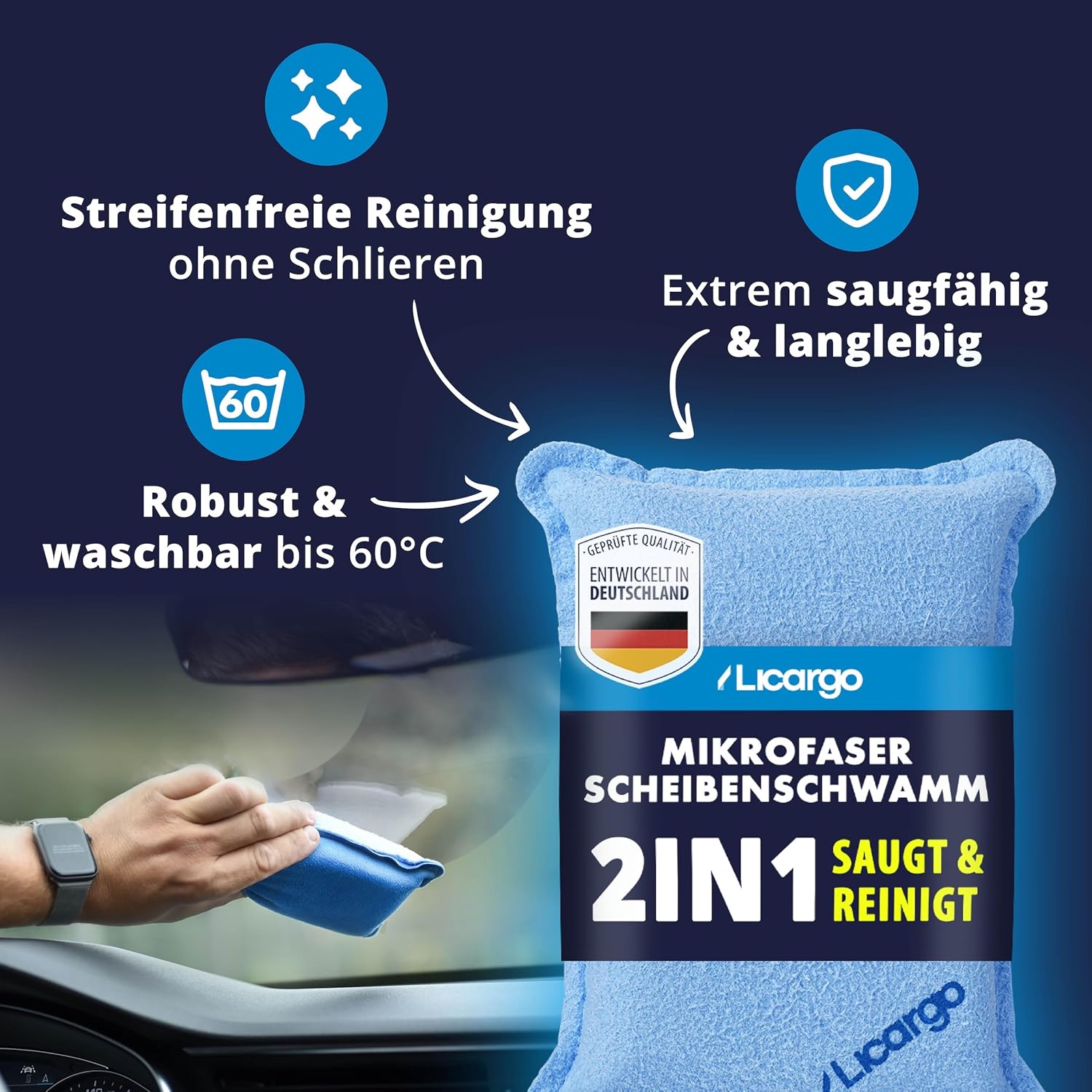 LICARGO Mikrofaser Scheibenschwamm 2in1 Antibeschlag Streifenfrei