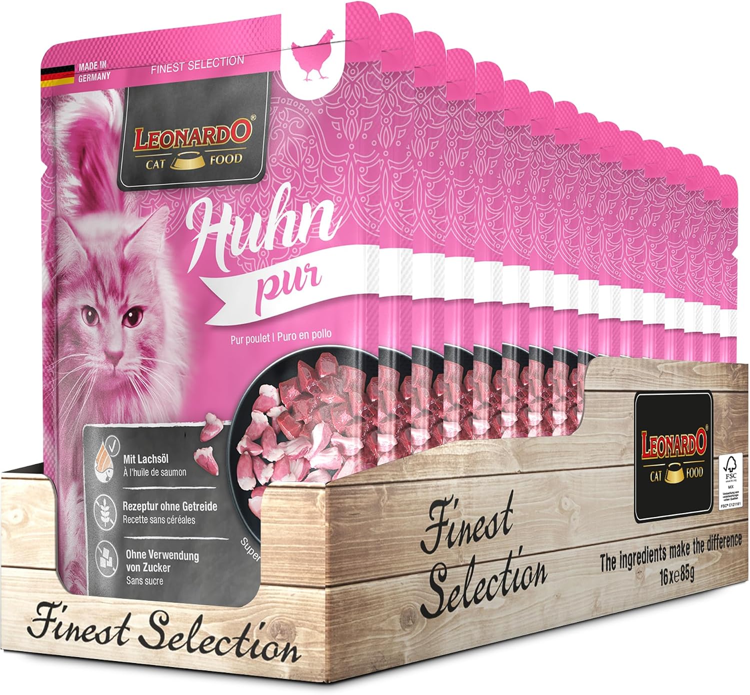 LEONARDO Katzenfutter nass Finest Selection 6x85g Huhn Fasan Kaninchen Ente Kalb